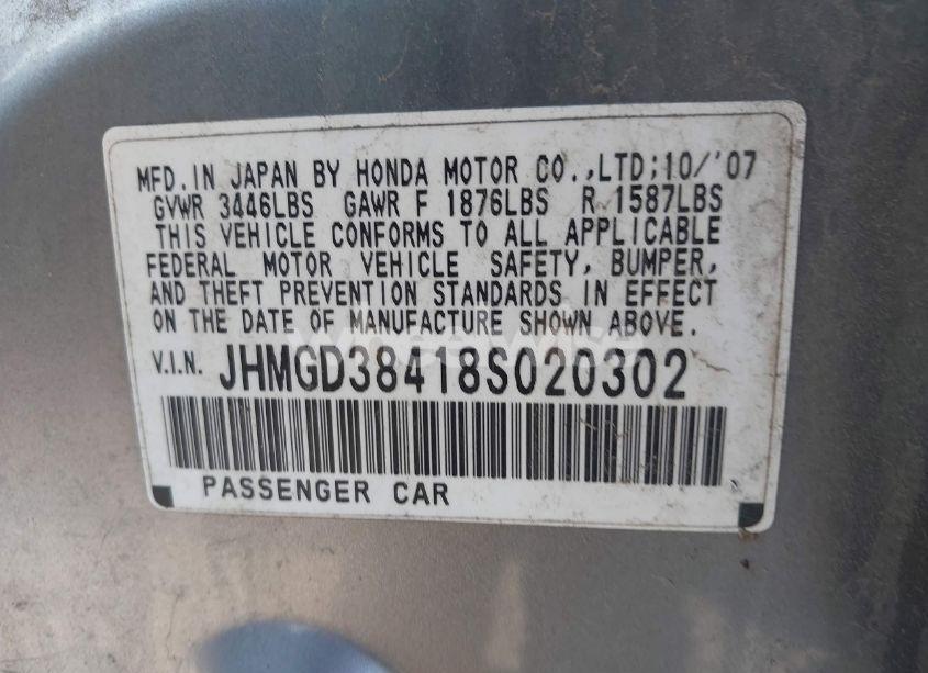 Photo 9 of 2008 Honda Fit (VIN JHMGD38418S020302)