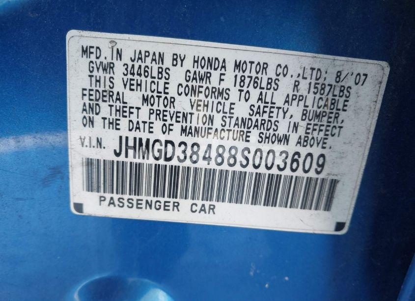 Photo 9 of 2008 Honda Fit (VIN JHMGD38488S003609)