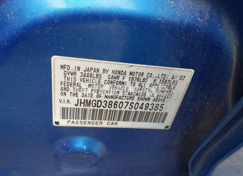 Photo 9 of 2007 Honda Fit SPORT (VIN JHMGD38607S049385)