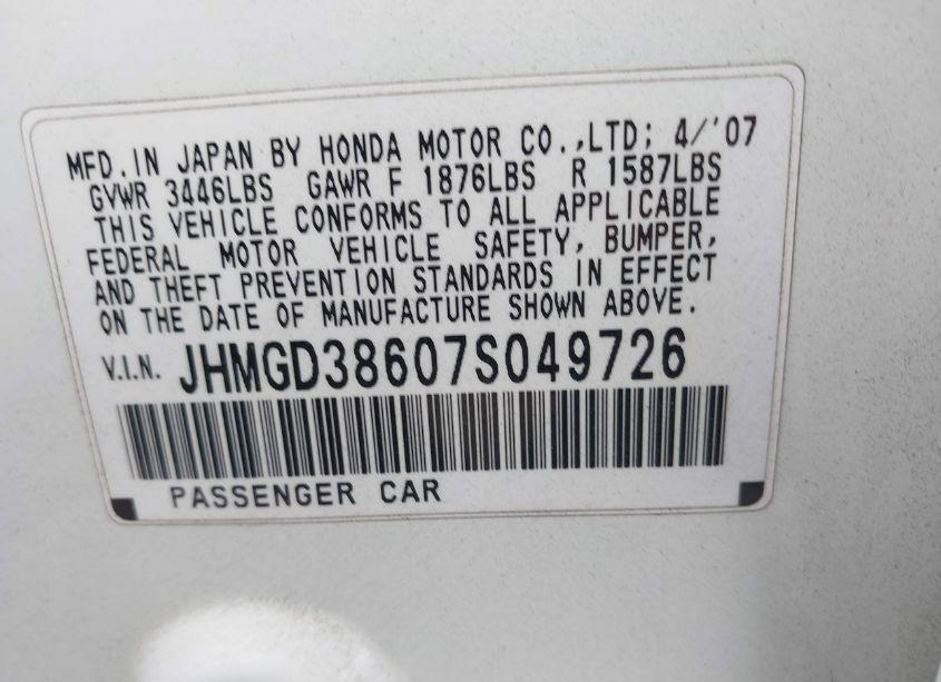 Photo 9 of 2007 Honda Fit SPORT (VIN JHMGD38607S049726)