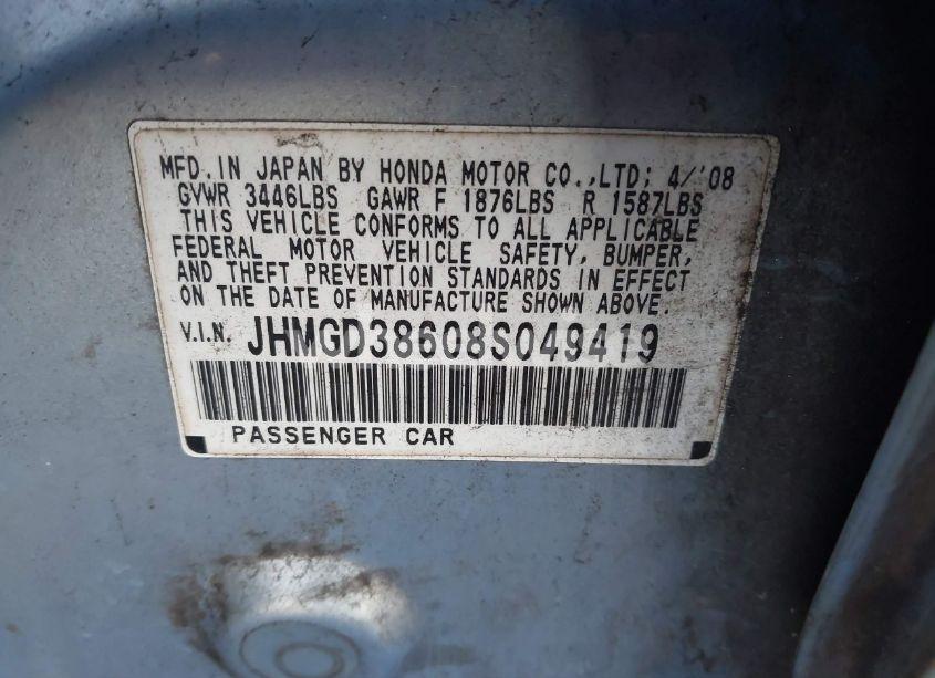 Photo 9 of 2008 Honda Fit SPORT (VIN JHMGD38608S049419)