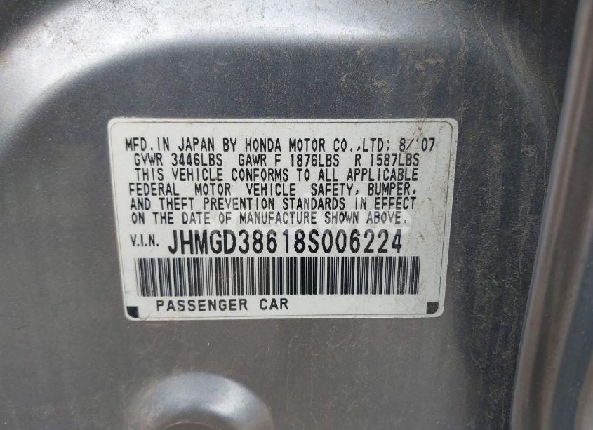 Photo 9 of 2008 Honda Fit SPORT (VIN JHMGD38618S006224)