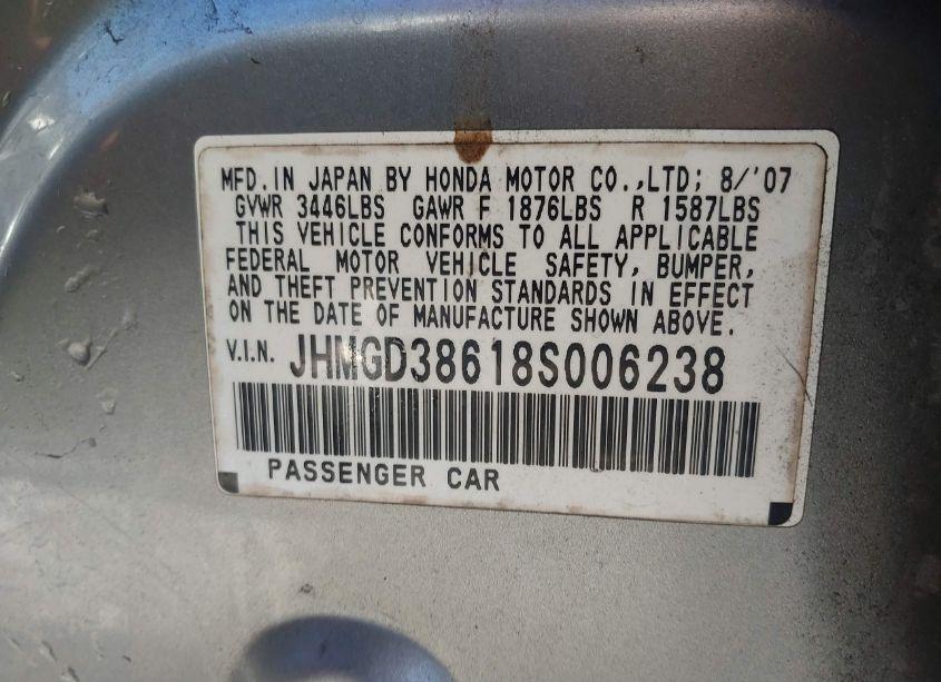 Photo 9 of 2008 Honda Fit SPORT (VIN JHMGD38618S006238)