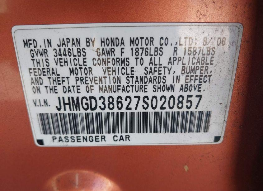 Photo 9 of 2007 Honda Fit SPORT (VIN JHMGD38627S020857)