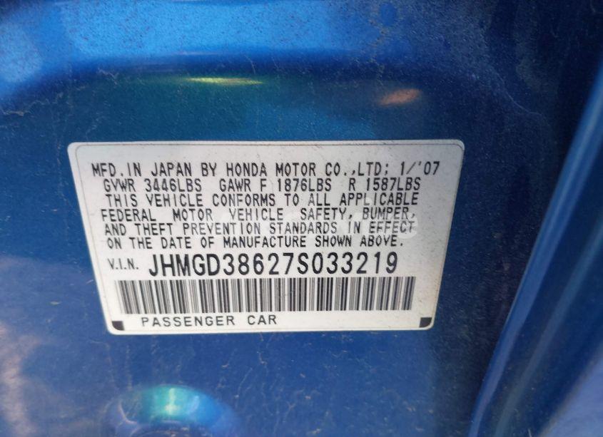 Photo 9 of 2007 Honda Fit SPORT (VIN JHMGD38627S033219)