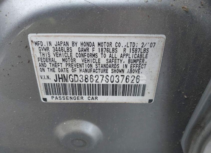 Photo 9 of 2007 Honda Fit SPORT (VIN JHMGD38627S037626)