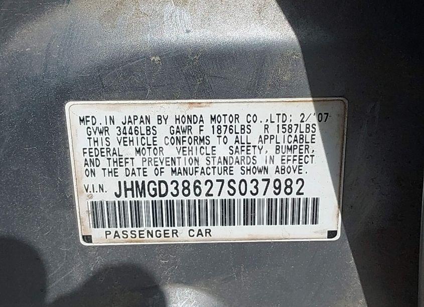 Photo 9 of 2007 Honda Fit SPORT (VIN JHMGD38627S037982)