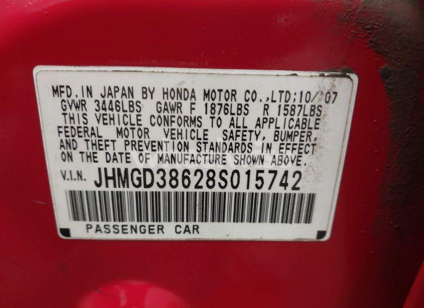 Photo 9 of 2008 Honda Fit SPORT (VIN JHMGD38628S015742)