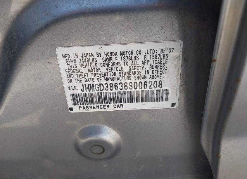 Photo 9 of 2008 Honda Fit SPORT (VIN JHMGD38638S006208)