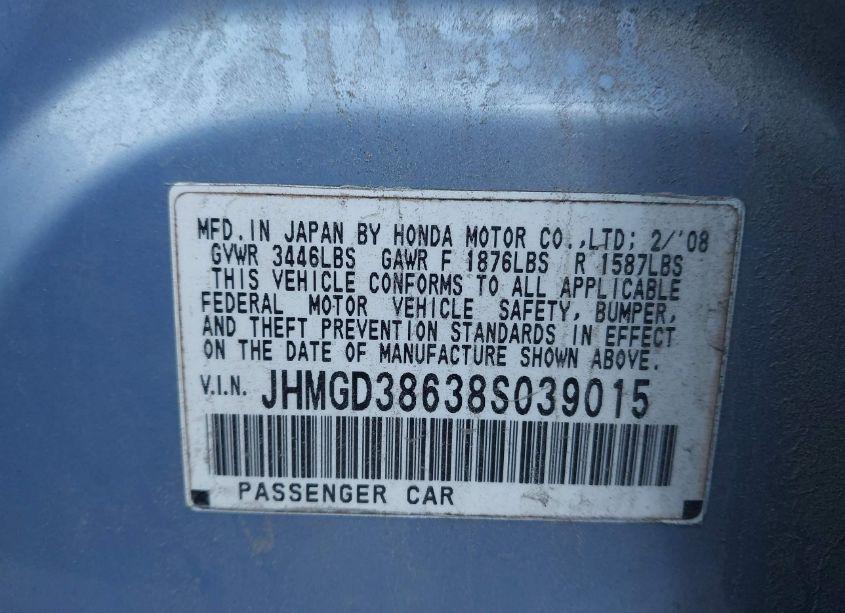 Photo 9 of 2008 Honda Fit SPORT (VIN JHMGD38638S039015)