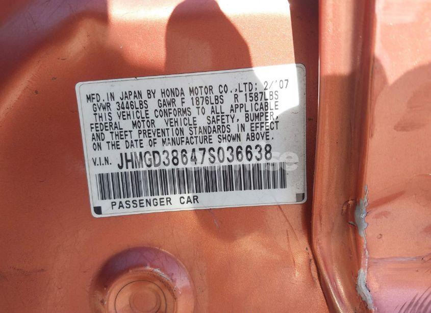 Photo 9 of 2007 Honda Fit SPORT (VIN JHMGD38647S036638)