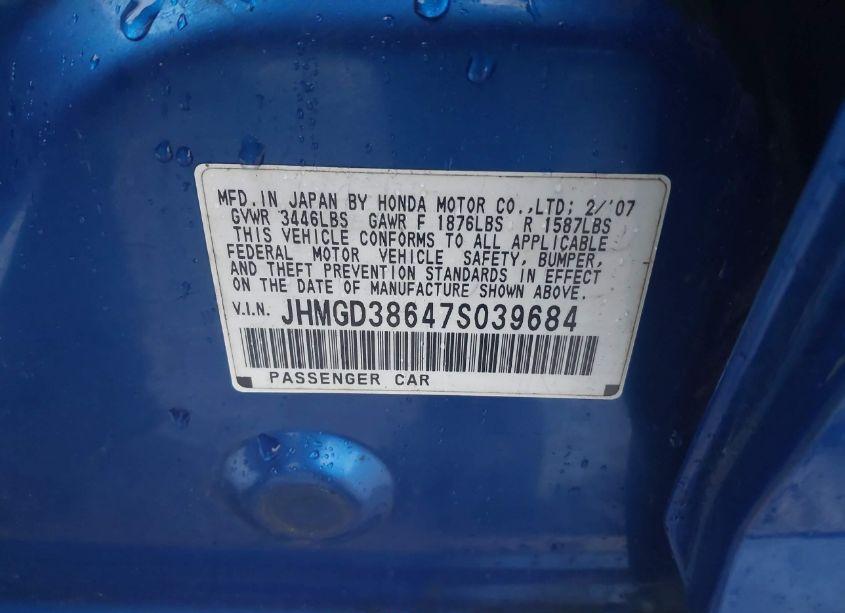 Photo 9 of 2007 Honda Fit SPORT (VIN JHMGD38647S039684)