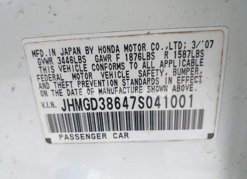 Photo 9 of 2007 Honda Fit SPORT (VIN JHMGD38647S041001)