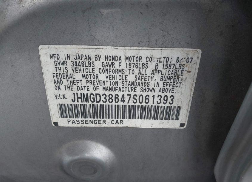 Photo 9 of 2007 Honda Fit SPORT (VIN JHMGD38647S061393)