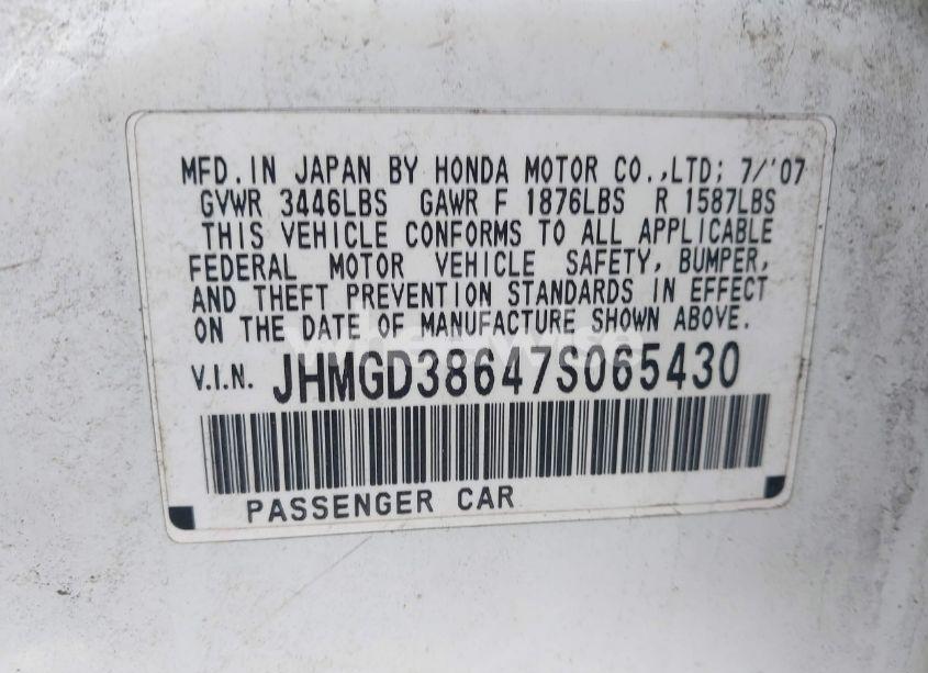 Photo 9 of 2007 Honda Fit SPORT (VIN JHMGD38647S065430)