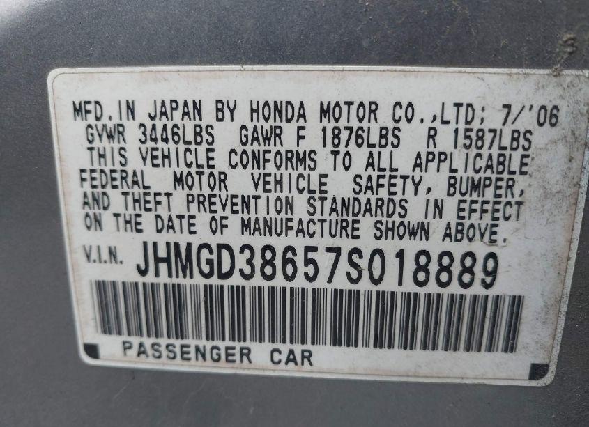 Photo 9 of 2007 Honda Fit SPORT (VIN JHMGD38657S018889)