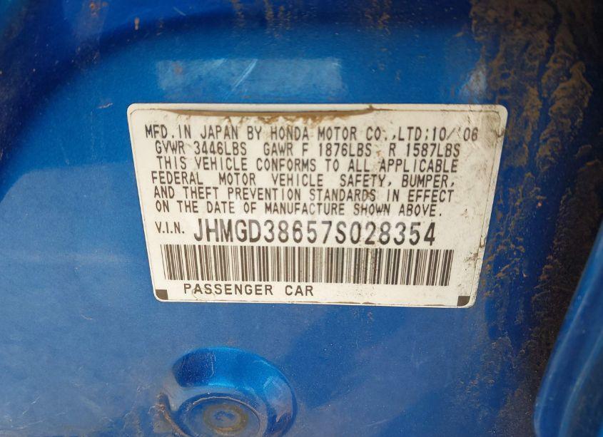 Photo 9 of 2007 Honda Fit SPORT (VIN JHMGD38657S028354)