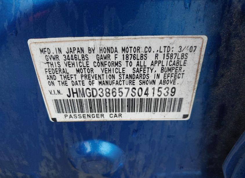 Photo 9 of 2007 Honda Fit SPORT (VIN JHMGD38657S041539)