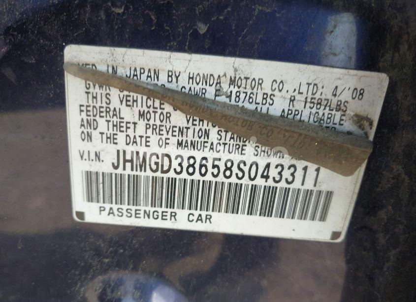 Photo 9 of 2008 Honda Fit SPORT (VIN JHMGD38658S043311)