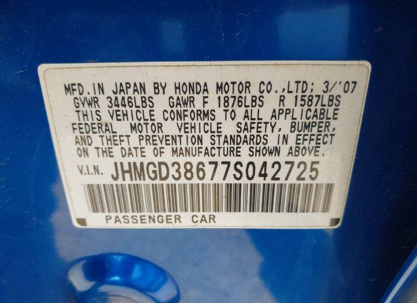 Photo 9 of 2007 Honda Fit SPORT (VIN JHMGD38677S042725)