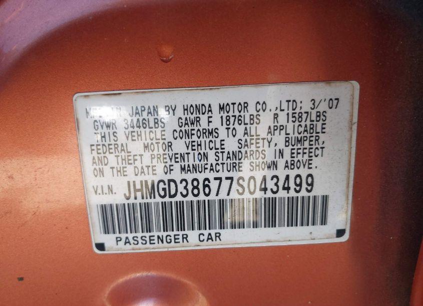 Photo 9 of 2007 Honda Fit SPORT (VIN JHMGD38677S043499)