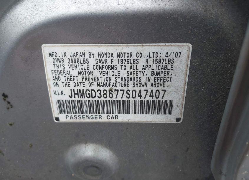 Photo 9 of 2007 Honda Fit SPORT (VIN JHMGD38677S047407)