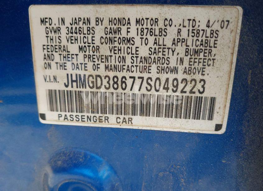 Photo 9 of 2007 Honda Fit SPORT (VIN JHMGD38677S049223)