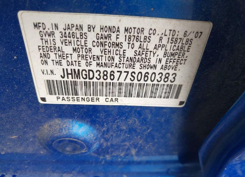 Photo 9 of 2007 Honda Fit SPORT (VIN JHMGD38677S060383)