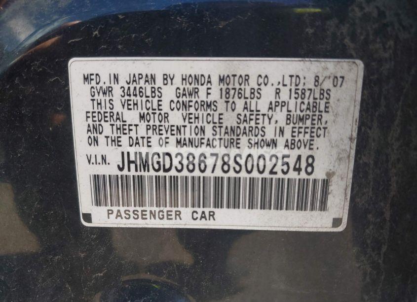 Photo 9 of 2008 Honda Fit SPORT (VIN JHMGD38678S002548)