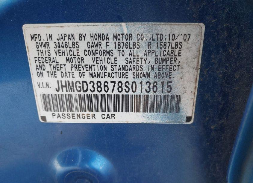 Photo 9 of 2008 Honda Fit SPORT (VIN JHMGD38678S013615)