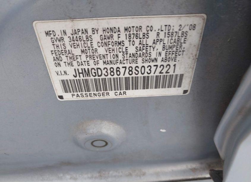 Photo 9 of 2008 Honda Fit SPORT (VIN JHMGD38678S037221)