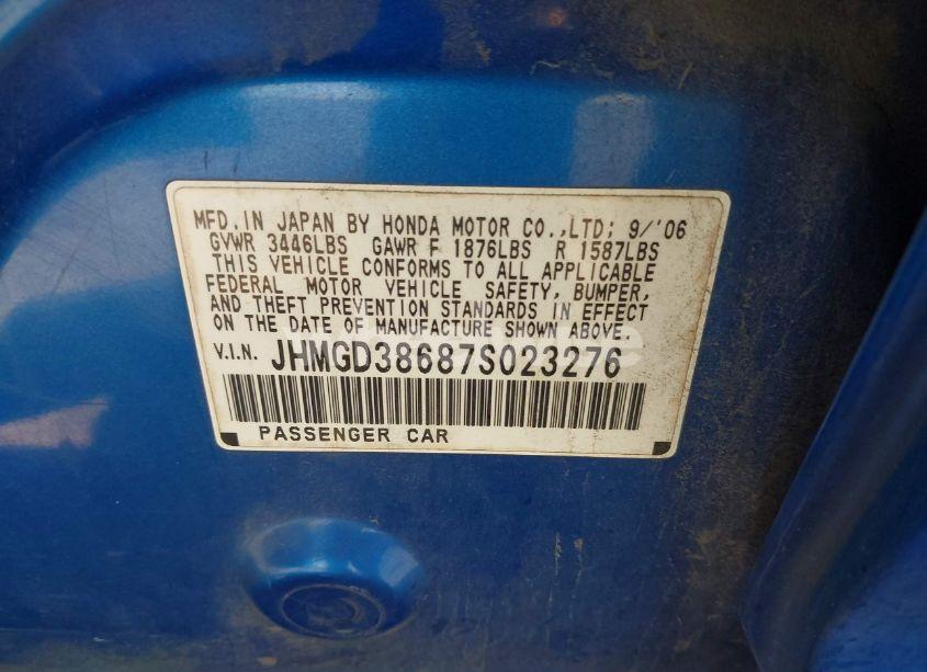 Photo 9 of 2007 Honda Fit SPORT (VIN JHMGD38687S023276)