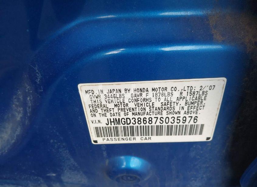 Photo 9 of 2007 Honda Fit SPORT (VIN JHMGD38687S035976)