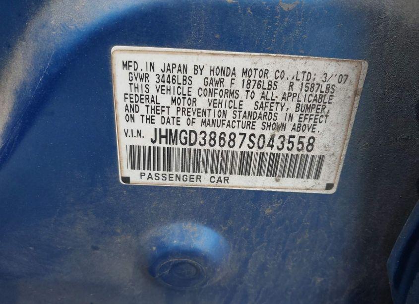 Photo 9 of 2007 Honda Fit SPORT (VIN JHMGD38687S043558)