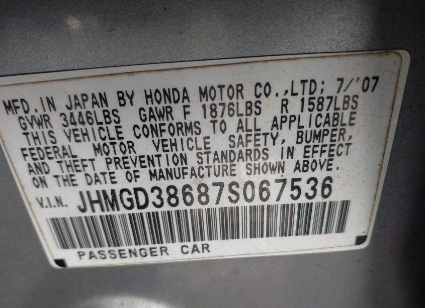 Photo 9 of 2007 Honda Fit SPORT (VIN JHMGD38687S067536)