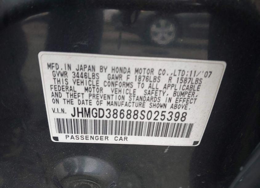 Photo 9 of 2008 Honda Fit SPORT (VIN JHMGD38688S025398)