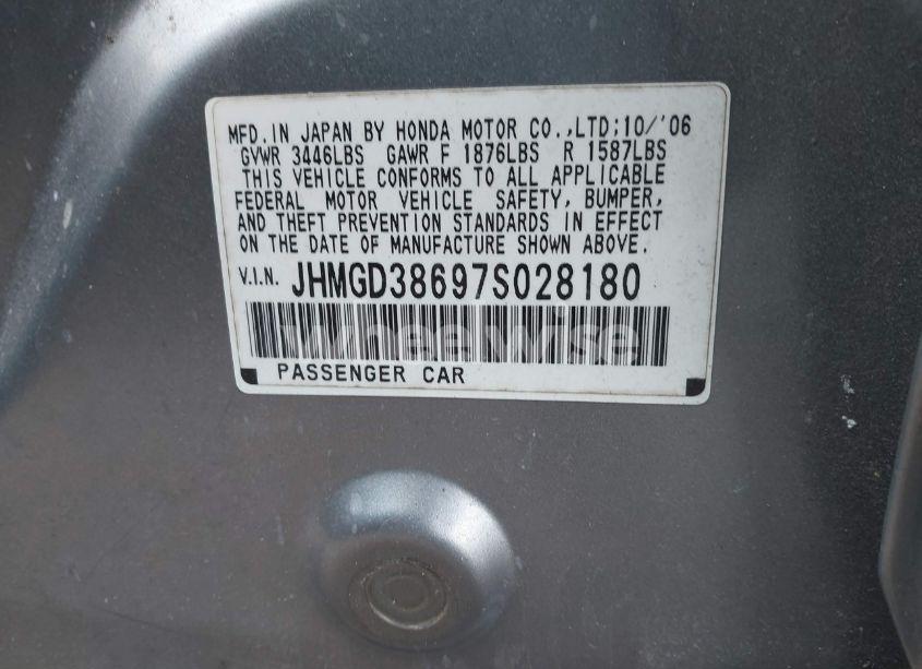 Photo 9 of 2007 Honda Fit SPORT (VIN JHMGD38697S028180)