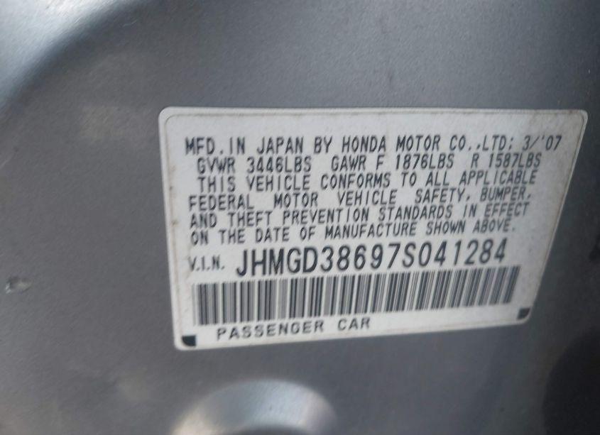 Photo 9 of 2007 Honda Fit SPORT (VIN JHMGD38697S041284)