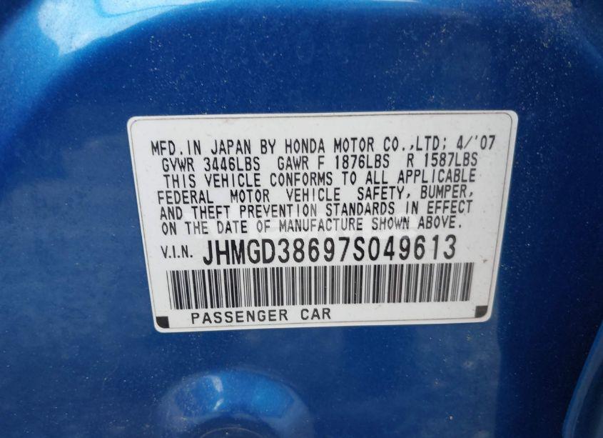 Photo 9 of 2007 Honda Fit SPORT (VIN JHMGD38697S049613)