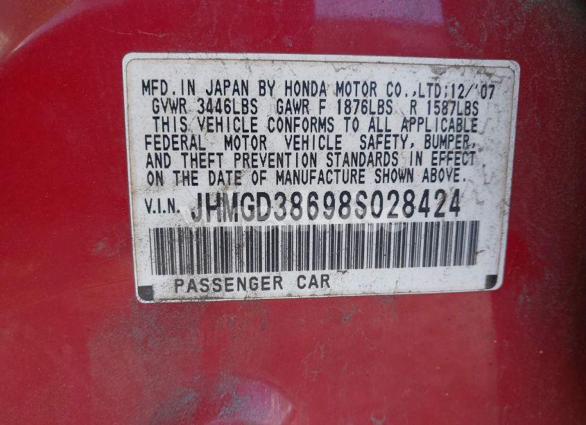 Photo 9 of 2008 Honda Fit SPORT (VIN JHMGD38698S028424)