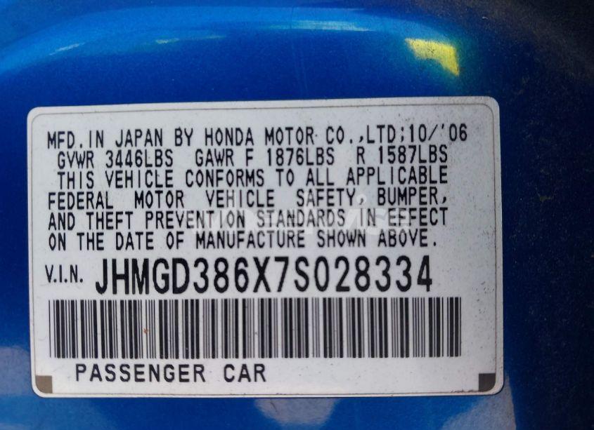 Photo 9 of 2007 Honda Fit SPORT (VIN JHMGD386X7S028334)
