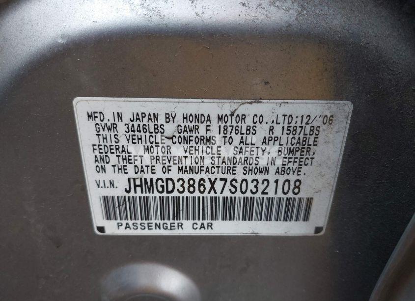 Photo 9 of 2007 Honda Fit SPORT (VIN JHMGD386X7S032108)