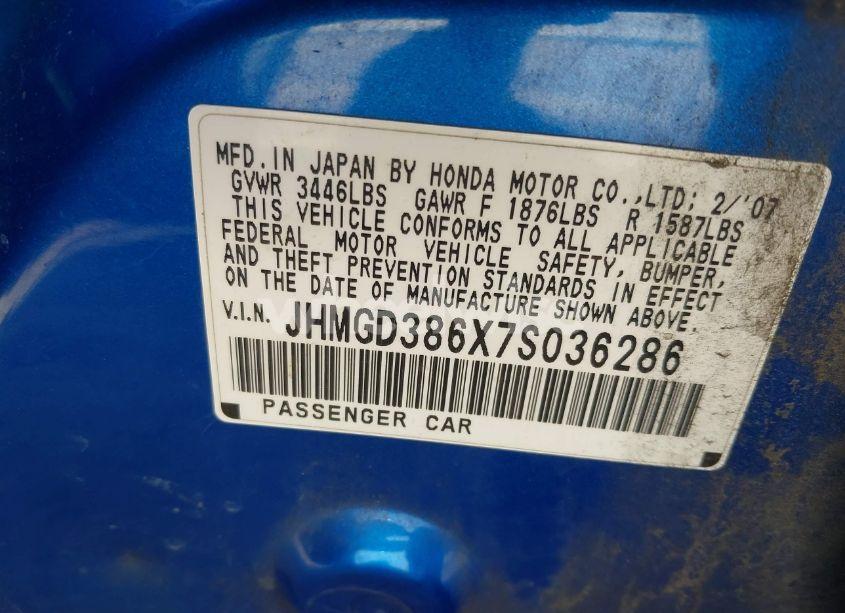 Photo 9 of 2007 Honda Fit SPORT (VIN JHMGD386X7S036286)