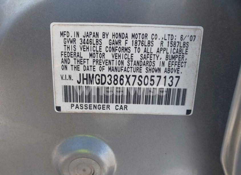 Photo 9 of 2007 Honda Fit SPORT (VIN JHMGD386X7S057137)