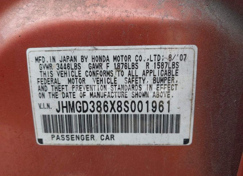 Photo 9 of 2008 Honda Fit SPORT (VIN JHMGD386X8S001961)