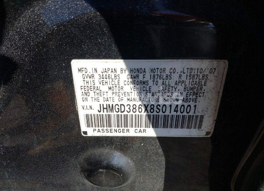 Photo 9 of 2008 Honda Fit SPORT (VIN JHMGD386X8S014001)