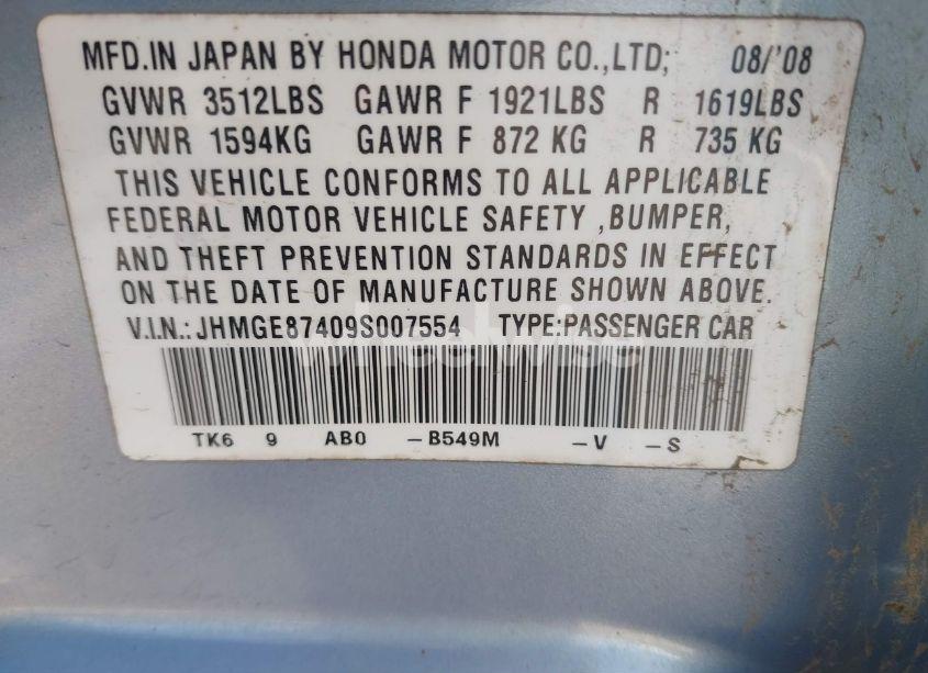 Photo 9 of 2009 Honda Fit SPORT (VIN JHMGE87409S007554)