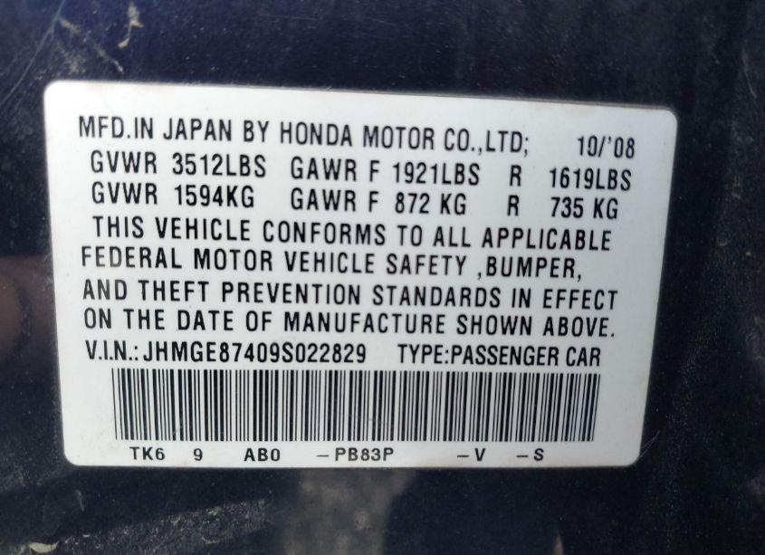 Photo 9 of 2009 Honda Fit SPORT (VIN JHMGE87409S022829)