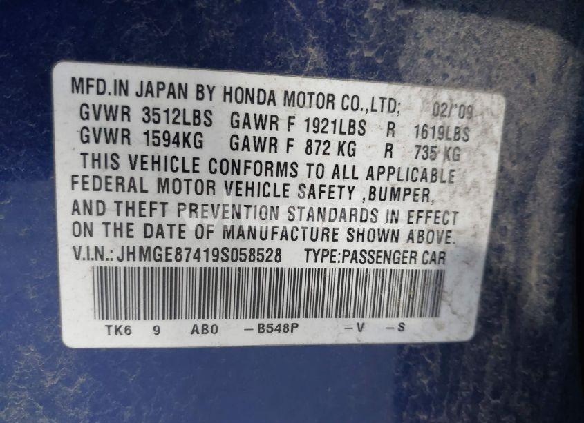 Photo 9 of 2009 Honda Fit SPORT (VIN JHMGE87419S058528)