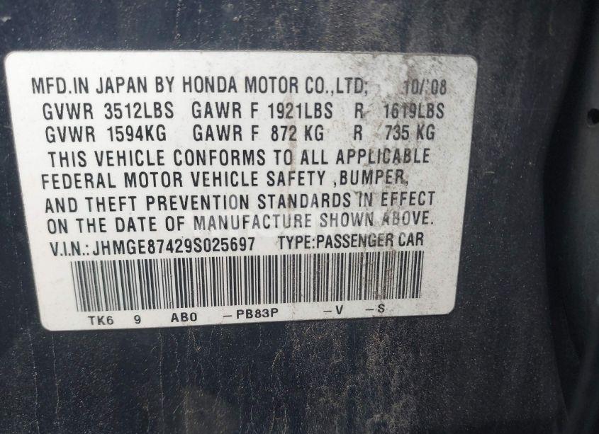 Photo 9 of 2009 Honda Fit SPORT (VIN JHMGE87429S025697)